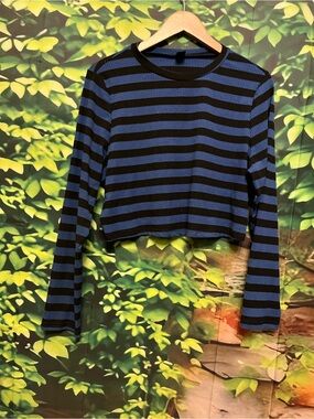 SHEIN Blue and Black Striped Long Sleeve Cropped Top